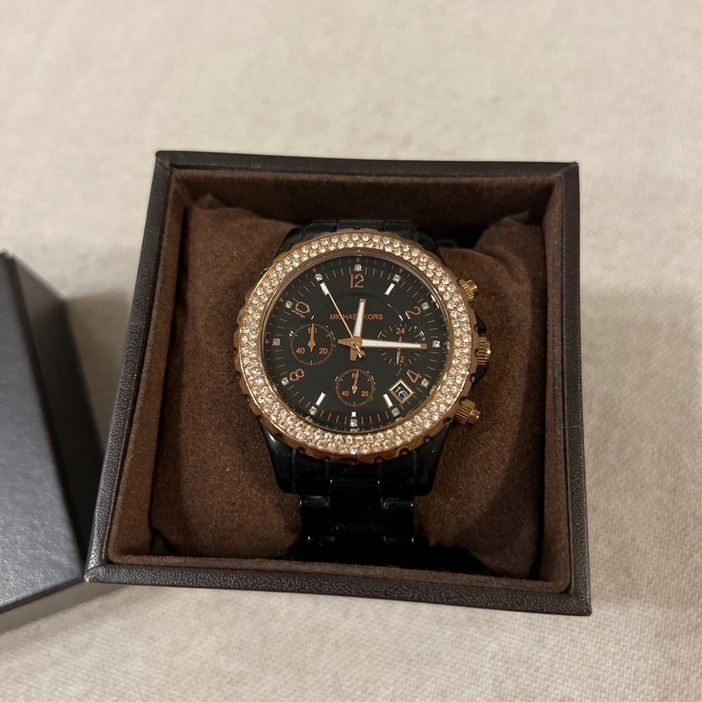 Michael Kors Madison Resin & Crystal Watch, Rose Gold/ Black MK - 5377